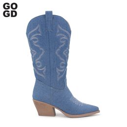 Boots GOGD Embroidered Cowboy Short Ankle Boots for Women Chunky Heel Cowgirl Boots Slip on Mid Calf Western Boots 230728