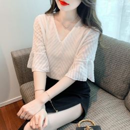 Women's Blouses Summer Korean V-Neck Pullover Chiffon Shirt Lace Short Sleeve Tops Fashionable Small Women