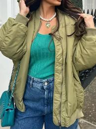 Women's Jackets 2023 Womens Autumn Winter Merodi Fashion Green Bomber Female Casual Two Pockets Loose Outwear Stylish Girls Solid Parkas