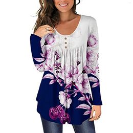 Women's Blouses O-Neck Floral Printed Tunic Tops Buttons Long Sleeve Loose Blouse Summer 2023 Casual Chemise Femme Manche Longue
