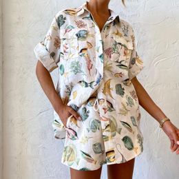 Women s Blouses Shirt Blouse Sea Fish Printed 100 FLAX Single Breasted Two Pockets Short Sleeve Shirt Or Elastic Waist Drawstring Shorts 230729