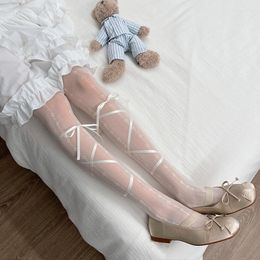 Women Socks White Pantyhoses Tights Bandage Bowknots Thigh High Stockings JK Lolita Sweet Girls Pantyhose Japanese Ballet Style