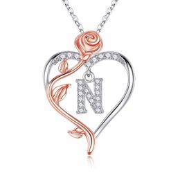 Iefil Rose Heart Necklaces Gifts for Women,925 Sterling Silver Rose Love Heart Initial Letter Pendant Necklace Jewellery Mothers Day Valentines D43228