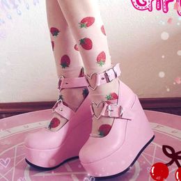 Dress Shoes Comemore Sweet Lolita Style Gothic Cosplay Black Pink Cozy Wedges Mary Jane High Heels Pumps Platform Shoes Woman Black Pink 230729