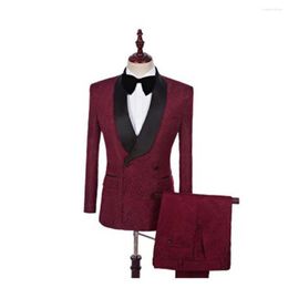 Men's Suits Coat Pant Design Latest Burgundy Red Jacquard 2 Pieces Tuxedo Groomsmen Full Wedding Slim Fit Outfitterno Masculino