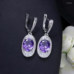 Hoop Earrings ThreeGraces Fashion Purple Cubic Zirconia Crystal Long Dangling CZ For Women Trendy Party Costume Jewelry E1420