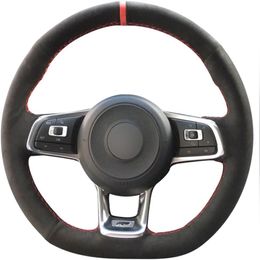 Black Genuine Leather Suede Steering Wheel Covers for 2015-2019 VW Jetta GLI Golf R Golf 7 MK7 Golf GTI Accessories248u