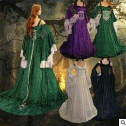 Women Mediaeval Cosplay Renaissance Lace Up Batwing Sleeve Floor Length Dress Vintage Dress Swing Maxi Long Dress S-5XL L220714245W