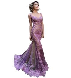 Light Purple Lace Mermaid Prom Dresses Sexy See Through Bodice Appliques Sequins Tulle Floor Length Evening Dress Gowns Sexy V neck Vestidos