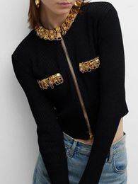 Women's Sweaters Black Knit Long Sleeve Pullovers Women Fashion Spring Handmade Diamond Neck Zipper Oversize Knitted Sweater