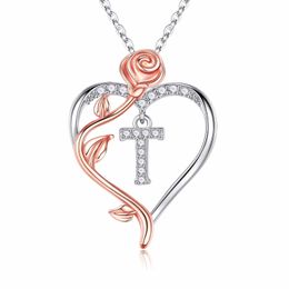 Iefil Rose Heart Necklaces Gifts for Women,925 Sterling Silver Rose Love Heart Initial Letter Pendant Necklace Jewellery Mothers Day Valentines D43216