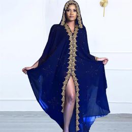 Ethnic Clothing 2021 Open Abaya Dubai Turkish Stones Chiffon Hooded Dress Muslim Kaftan Kimono African Women Plus Size Boubou Robe307g