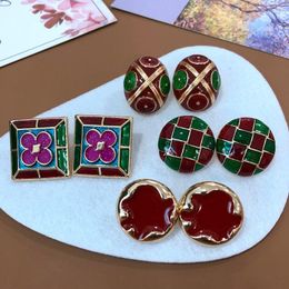 Stud Earrings French Hong Kong Style Red Green Enamel Glaze Color Painting Art Splicing Drop
