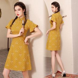 Ethnic Clothing FZSLCYIYI Vintage Ruffles Short Sleeve Chinese Dress Thin Soft Cotton Linen Loose Qipao Summer Women Casual Cheongsam