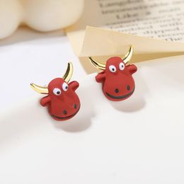 Stud Earrings Chinese Zodiac Red Cows Bull Earring Personality Cute Domestic Animal Exquisite Jewelry Accessories Kids Child Gift
