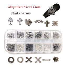 Nail Art Decorations 1 Box Metal Nail Charms Decoration Mix Zircon Heart Punk Goth Nail Charms Cross DIY Manicure Nail Art Design Resin Accessories 230729