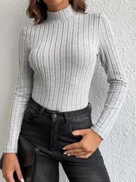 Women's T Shirts Women Tall Solid Stand Neck Tee Long Sleeve Slim Autumn Winter Blouse Casual T-shirt High Collar Stripe Basic Lap Over Soft