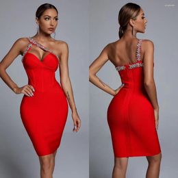 Casual Dresses Red Black Blue Bandage Dress Oblique Shoulder V Neck Knee Length Shinny Crystal Woman Party Wear High Quality