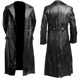 Men's Jackets Spring Black Long Pu Leather Trench Coat Jacket For Men Vintage Steampunk Gothic Overcoat German Officer Military Uniform