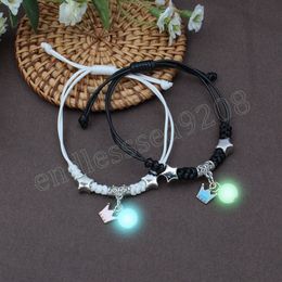 2pcs Luminous Star Crown Charms Bracelet Set Couple Adjustable Woven Rope Friendship Bracelet For Women Men Summer Gift