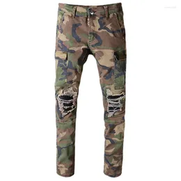 Men's Jeans Camouflage Printed Patchwork Military Biker For Moto Slim Fit Straight Army Green Pockets Cargo Denim Pants