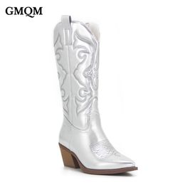 Boots GMQM Cowboy Pink Cowgirl Boots For Women Fashion Zip Embroidered Pointed Toe Chunky Heel Mid Calf Western Boot Shinny Shoes 230728