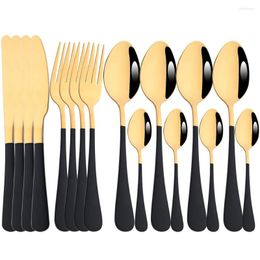 Dinnerware Sets Kitchen 16Pcs Set Western Black Handle Gold Tableware Stainless Steel Cutlery Dinner Spoon Fork Knife Flatware