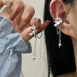 Backs Earrings Korean Fashion Sweet Cool Temperament Ear Clips Trendy Punk Inlay Pink Crystal Pearl Woman Girl Silver Plated Jewellery