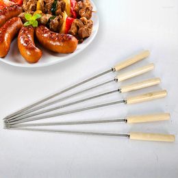 Dinnerware Sets Stainless Steel BBQ Skewers Roast Prod Wooden Handle Flat Skewer Long Grill Sticks Outdoor Tools Kabob 6pcs/set
