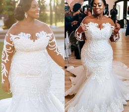 African Plus Size Mermaid Wedding Dresses 2024 Bridal Gowns Illusion Long Sleeves Jewel Button Back Lace Appliqued Robe De Mariee