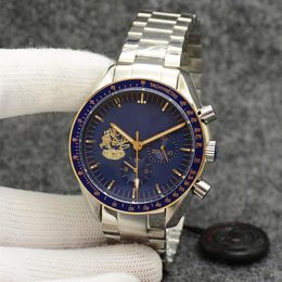 Eyes on the stars Watch Chronograph sports Battery Power limited Two Tone Gold Blue Dial Quartz Professional Dive Wristwatch Stain2745