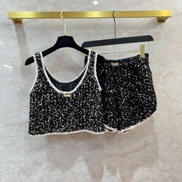 Women's Tracksuits 2023SS Summer Luxury Fashion Women Sequined Vest Tank Tops With Shorts Pants Female Chic Suits Qbr 6