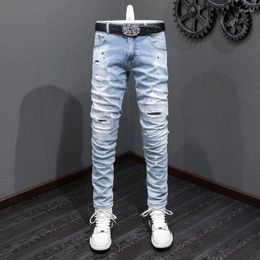 Men's Jeans Street Fashion Men Retro Light Blue Plain Wash Elastic Stretch Slim Ripped Painted Designer Vintage Denim Pants
