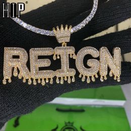 Pendant Necklaces Hip Hop Custom Name Cubic Zircon Crown Drip Iced Out Bubble Letters Chain Pendants Necklaces For Men Jewelry Cuban Tennis Chain 230728