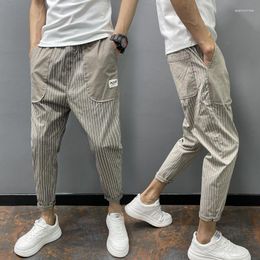 Men's Pants Summer Thin Striped Casual Men Harajuku Khaki Baggy Nine-point Male Korean Loose Hip Hop Pockets Harlan Trousers
