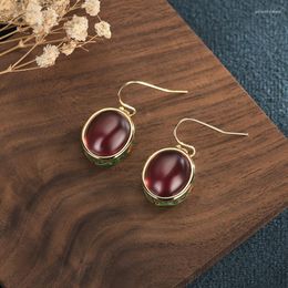 Dangle Earrings Court Style Design Women Brass Gold-Plated Handmade Retro Jewellery Inlaid Red Corundum Enamel Colour Female Ear