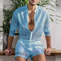 Men's Tracksuits Ropa Hombre Two Piece Suits Men Top Shorts Hollow Out Solid Colour Lace See Through Outfit For Wedding Night Mens Summer