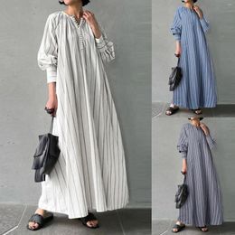 Casual Dresses Plus Size Stripe Muslim Robe Long Sleeve V Neck Loose Shirts Maxi Dress Party Summer Women Beach Holiday Pullover Vestido