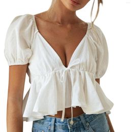 Women's Blouses Womens Puff Short Sleeve Tie Back Deep V Neck Ruffle Hem Peplum Crop Tops Sweet Summer Solid Colour Blouse Ruffled Chic