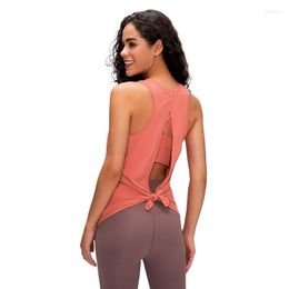 Active Shirts Nwt Solid Colour Round Bow Fitness Women Tank Top Back Strap Short Yoga Shirt Vest Loose-fitting Blouse Sleeve Quick-drying