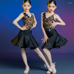 Stage Wear Children Latin Dance Clothes Girls Summer Practice Skirt Suit Sling Lace Performance Dress