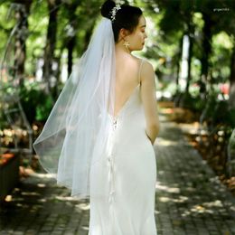 Bridal Veils 1 Tier Wedding Veil With Comb Sparkling Tube Beads Adornment Edge Short Fingertip Length Cut Tulle