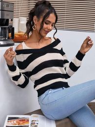 Women's Sweaters ZAFUL Contrast Stripes Cold Shoulder Sweater Women Striped Knitted Pullover Spring Fall Winter Square Neck Long Sleeve