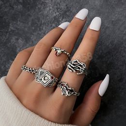 Silver Color Metal Rings for Women Men Poker Skeleton Hand Red Crystal Vintage Rings Set Fashion Jewelry Gift