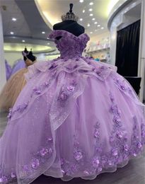 Сиреневые платья Quinceanera с рюшами, бальное платье с 3D цветами и открытыми плечами, милое платье для 15-16 лет, платья для дня рождения, выпускной 322