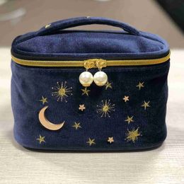 Large Capacity Cute Square Star Moon Embroidered Velvet Tassel Makeup Bag for Women's Storage Bag 230715