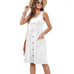 Casual Dresses Women's Summer Sleeveless Loose Woman Button Down Midi Dress With Pockets Lady V Neck Party Holiday Sundress 2023