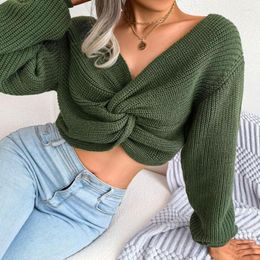 Women's Sweaters Women Long Sleeved Knotted Open Navel Knitted Sweater Hight Streetwear Lady V Neck Clothes Sexy Versatile Solid Tops