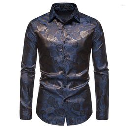 Men's Casual Shirts 2023 Stylish Long Sleeve Steampunk Shirt Floral Blue Dress Men Party Club Bar Social Male Chemise Homme