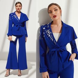 Fashion Women Pants Suits Crystal Beading Blazer Sets Loose Flare Trouser 2 Pieces Custom Made For Lady